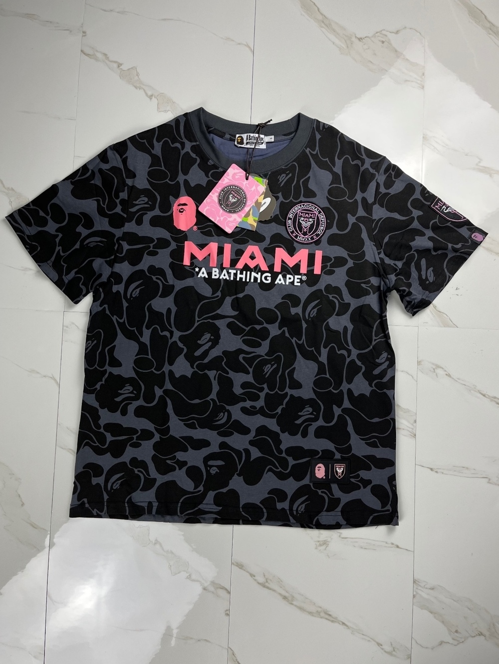 BAPE Miami FC Camo Jersey T-Shirt Grey Pink Size Small Brand New
